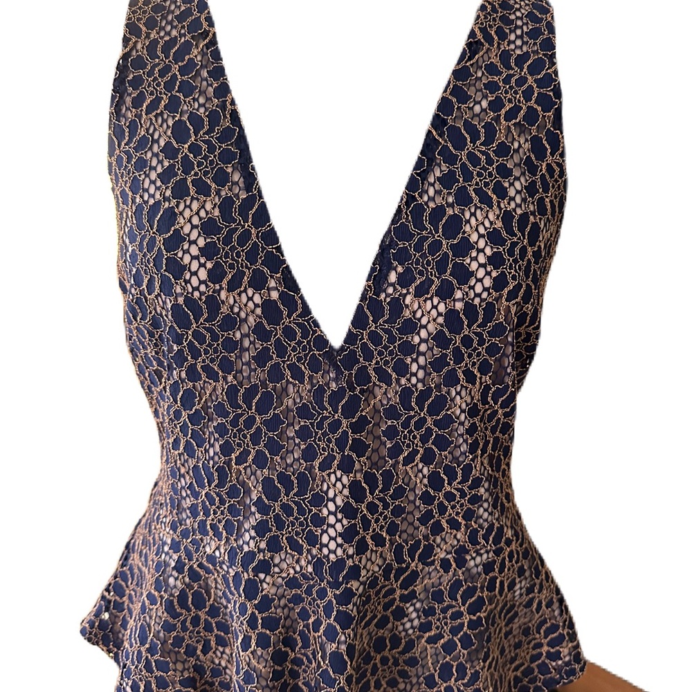 ASTR Lace and Mesh Sleeveless Peplum Top On Blue and Gold. Size Large